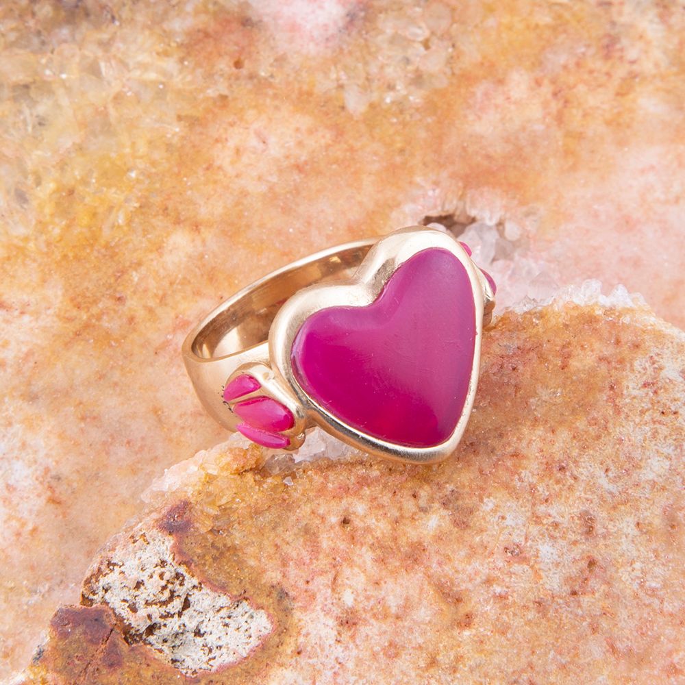 Pink Agate Heart Golden Statement Ring