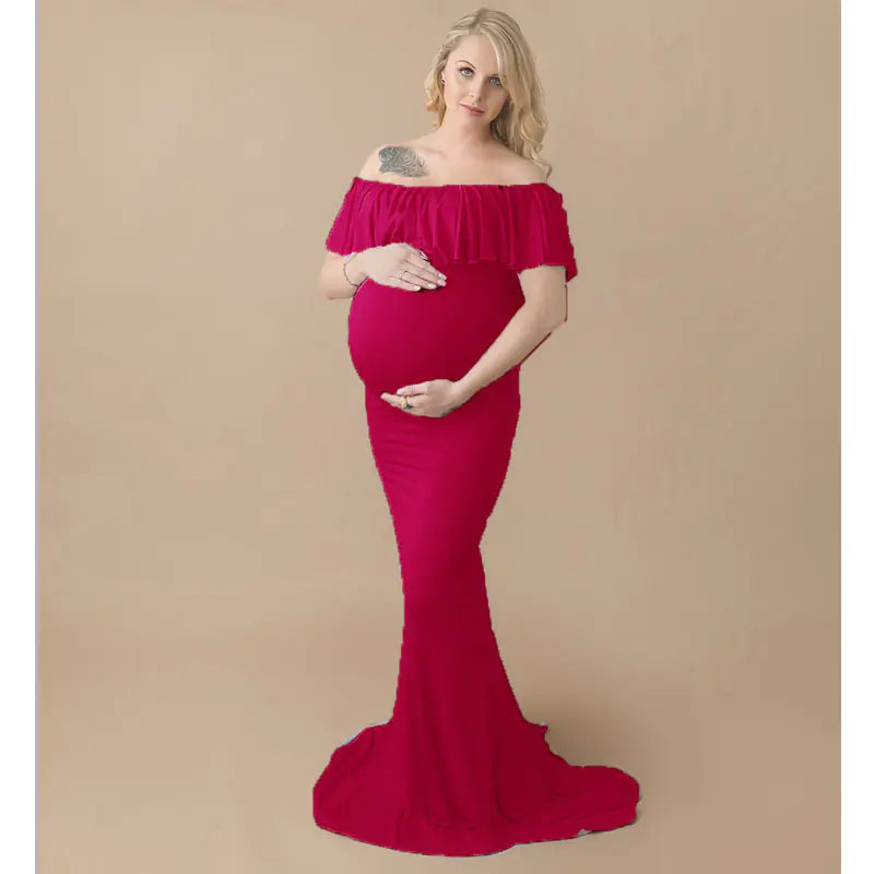 Maternity Long Dress with Ruffle Collar for PhotographyMaternity Maxi Dress for Photography and Baby Showers - 888