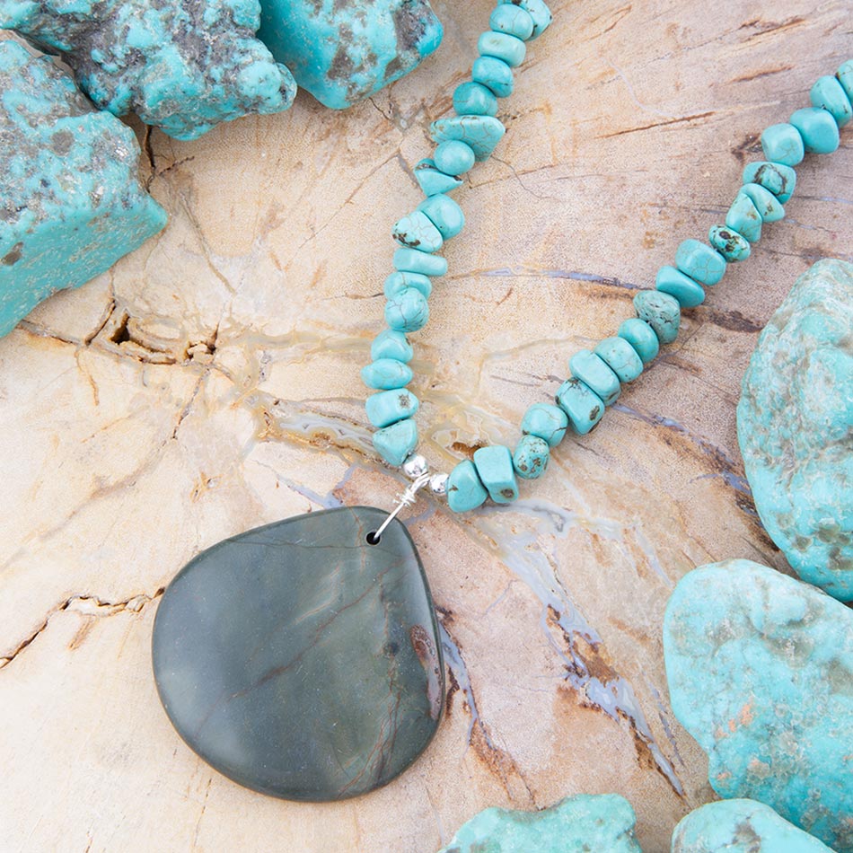 Pueblo Blue Turquoise Magnesite and Jasper Sterling Silver Necklace