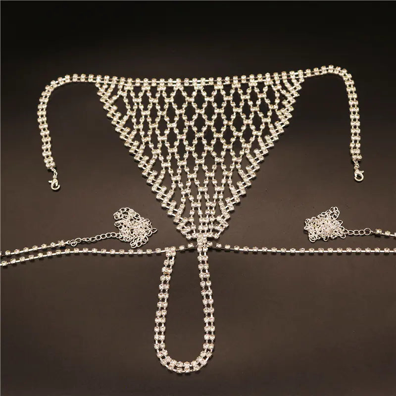 Exaggerated Rhinestone Body Chain Bikini Set - Lingerie