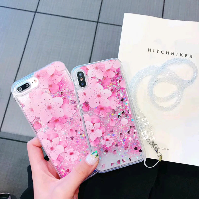 Trendy Summer Pink Peony Phone Case with Glitter Sand