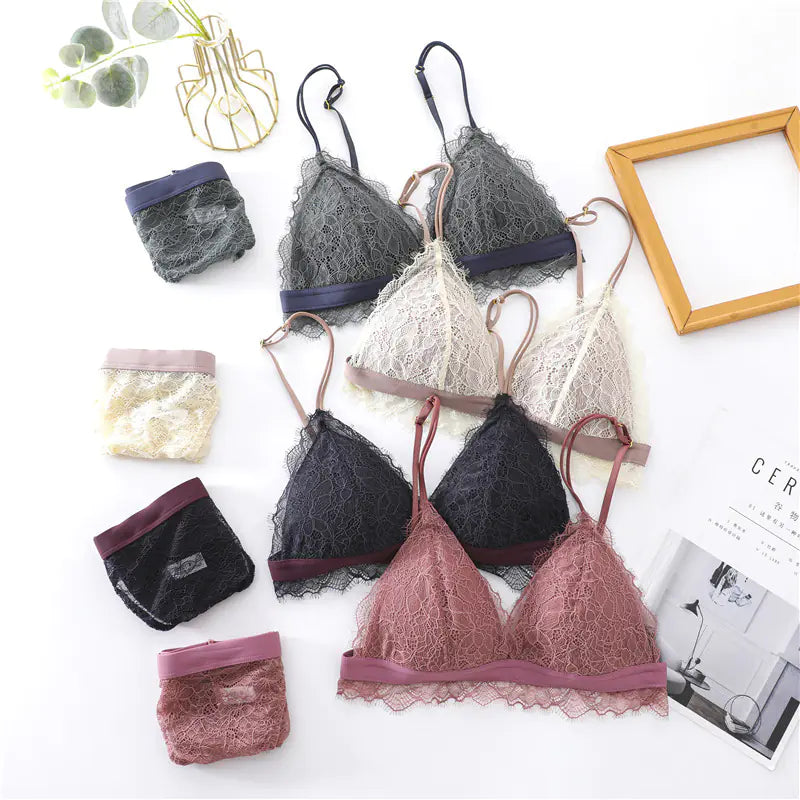 French Ultra-Thin Women's Lace Bra Set with Triangle Cups - Lingerie