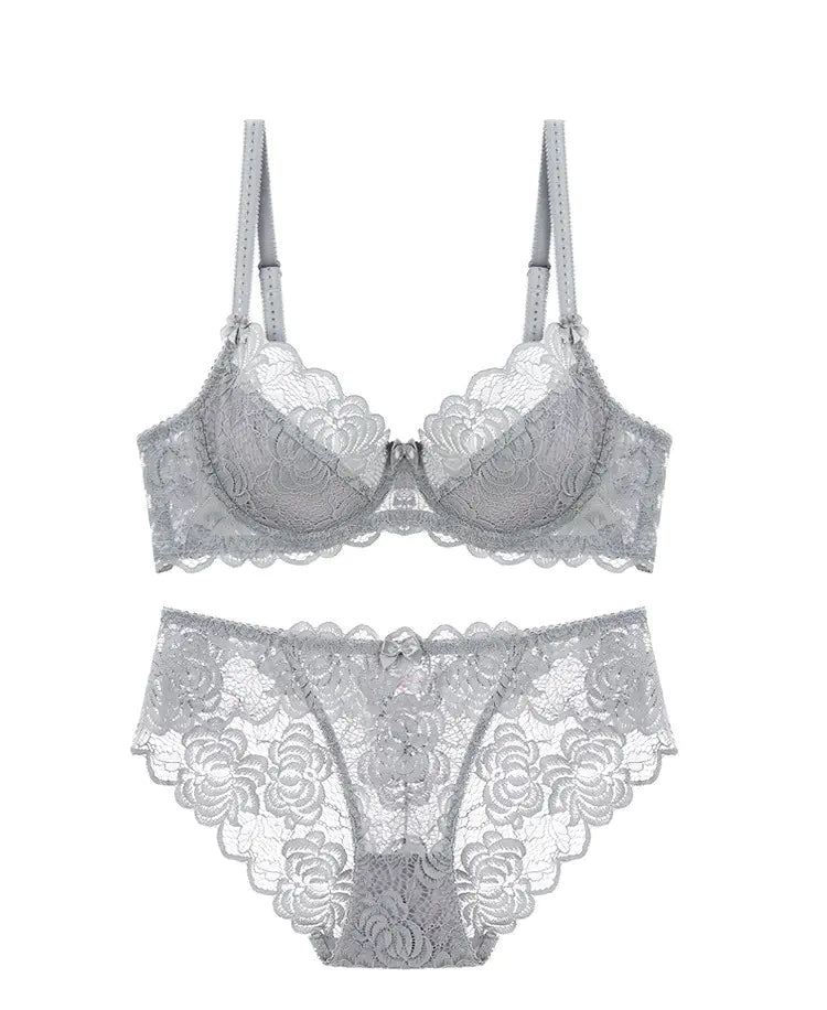 Lace Bra Set with Underwire and Thin Mesh Fabric - Lingerie