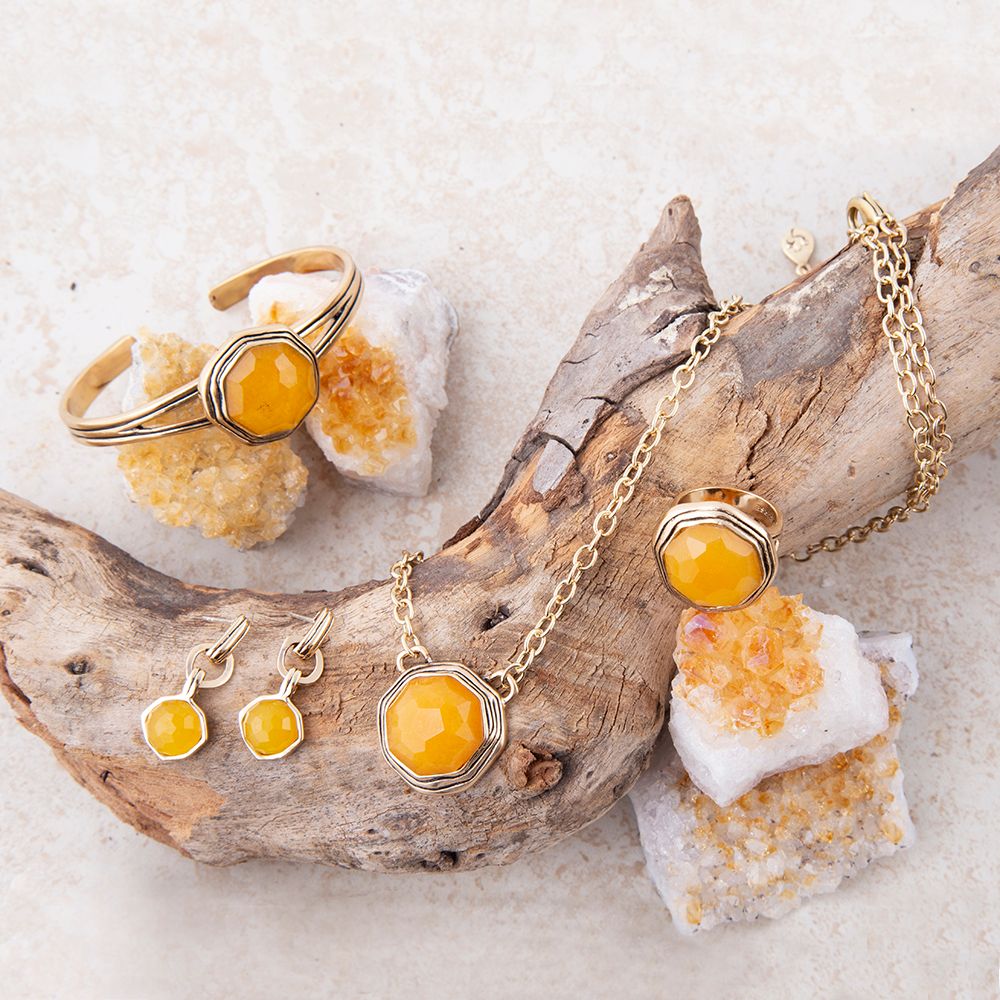 River Rocks Yellow Quartz and Golden Cuff Bracelet