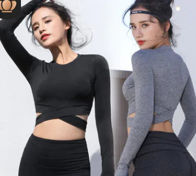Women's Long Sleeve Cross Yoga Top - Quick-Dry Fitness Shirt - Lingerie