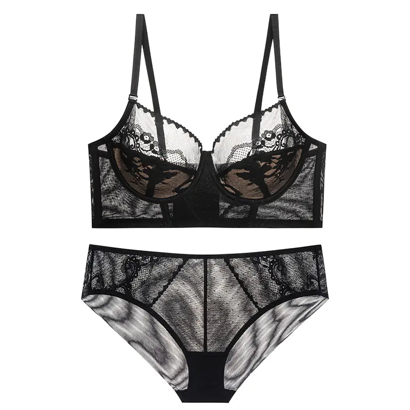 Ultra-Thin Hollow Black Lace Women's Bra Set - Lingerie