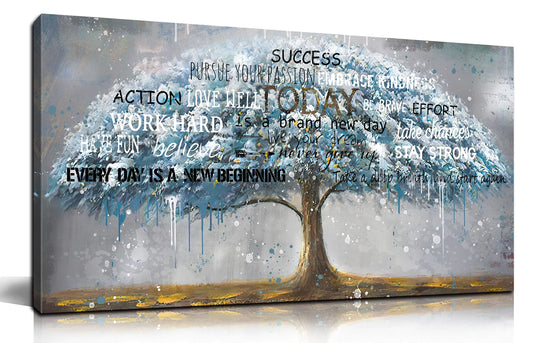 aburaeart Teal Tree Of Life Wall-Art - Motivational Quotes Wall Decor - Canvas Wall Art For Living Room Large Size Ready To Hang Size 30" x 60"