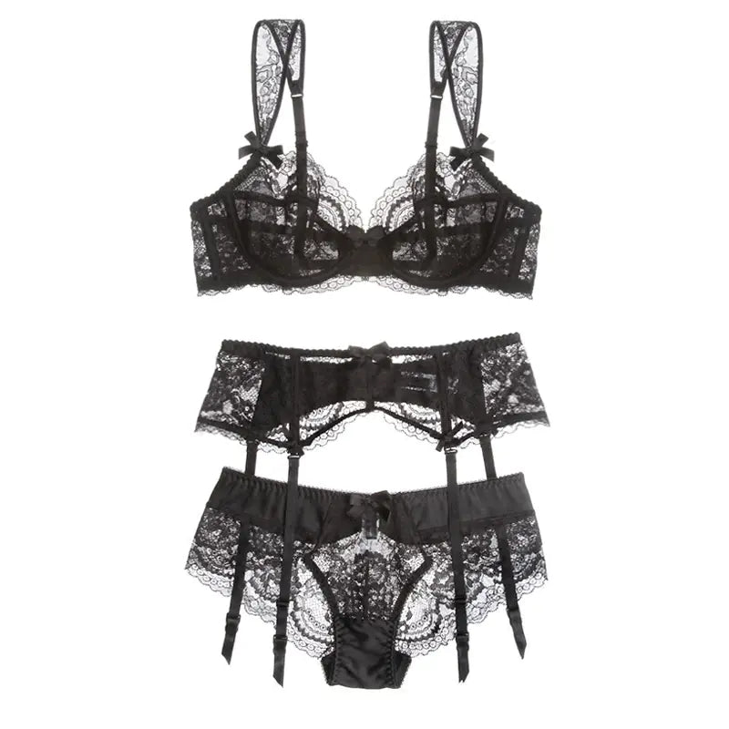 Lace Sheer Bra and Garter Belt Set for Women (3 Pieces) - Lingerie
