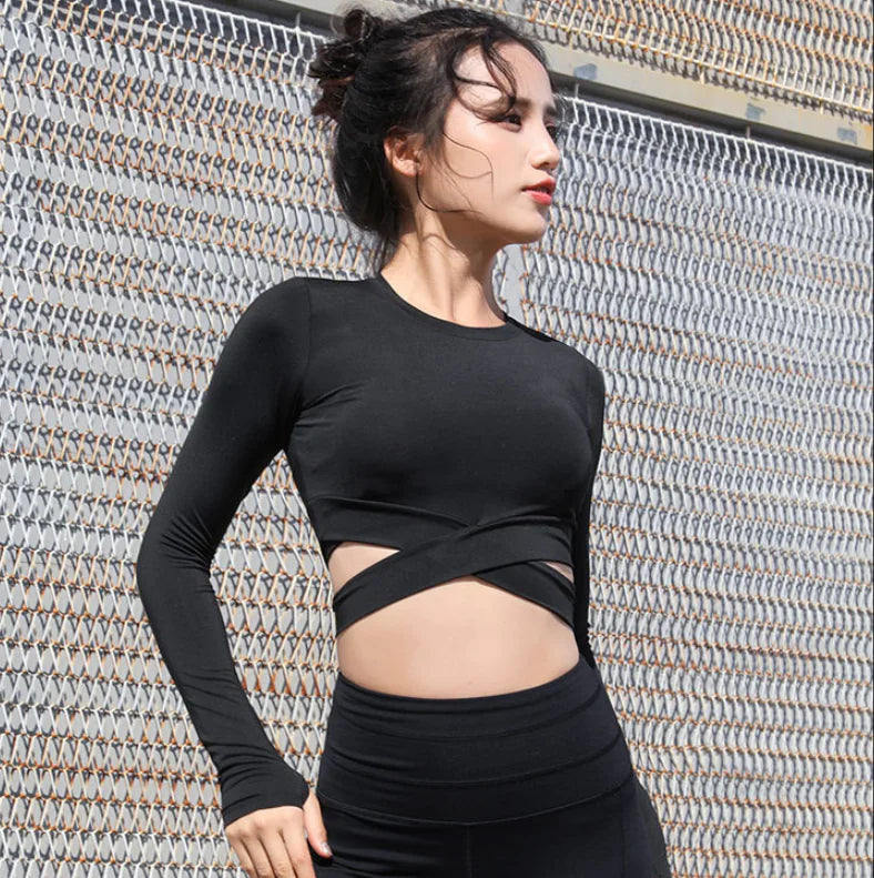 Women's Long Sleeve Cross Yoga Top - Quick-Dry Fitness Shirt - Lingerie