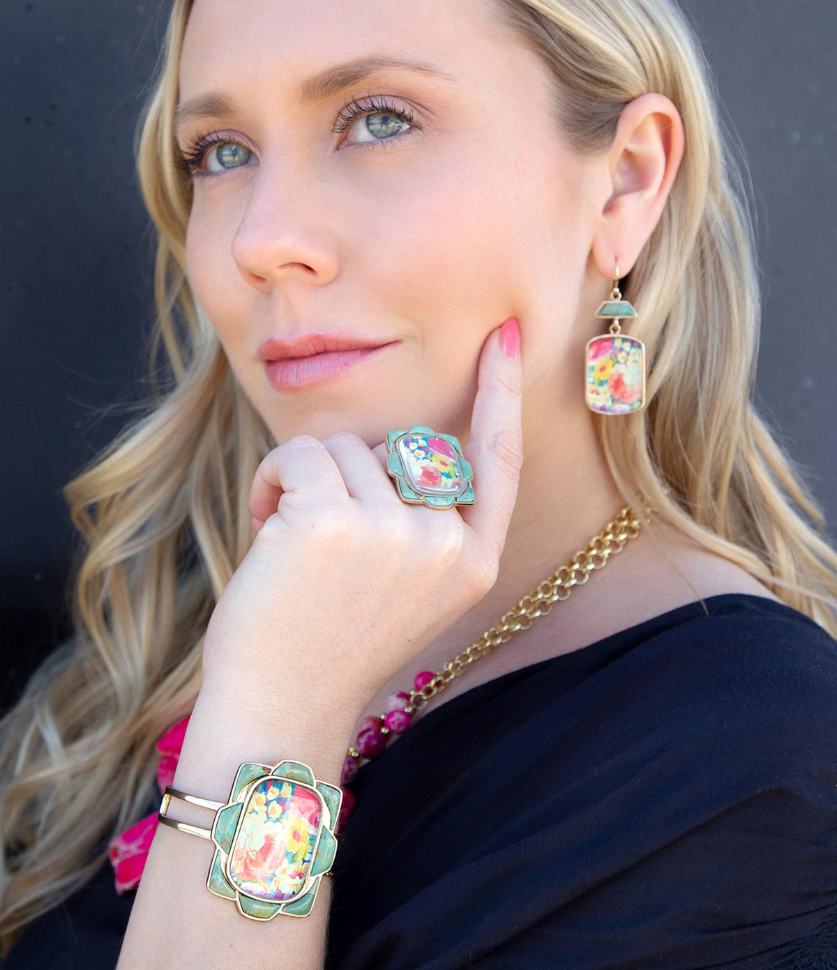 Scenic Floral Blue Turquoise Golden Ring