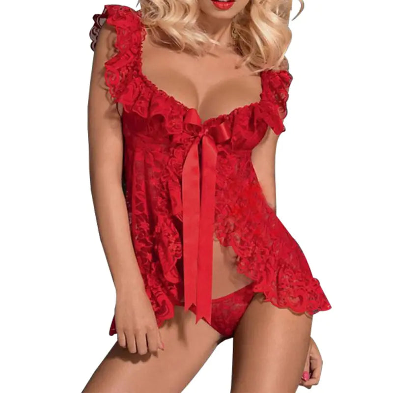 Plus Size Lace Lingerie Set with Sheer Nightgown