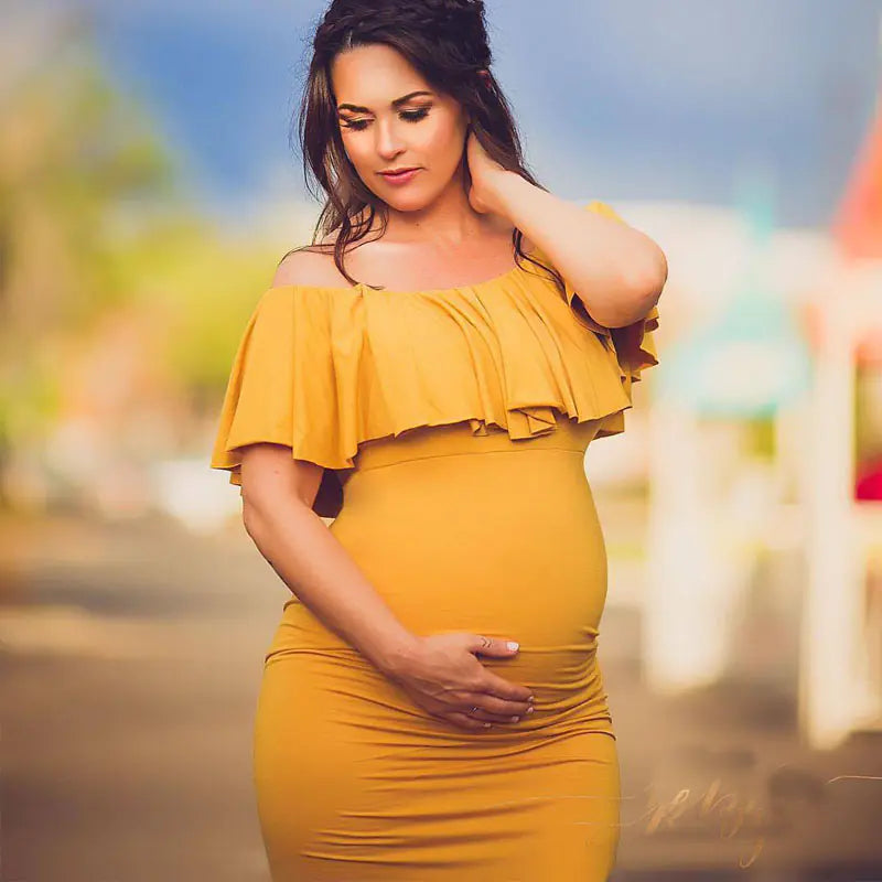 Maternity Long Dress with Ruffle Collar for PhotographyMaternity Maxi Dress for Photography and Baby Showers - 888