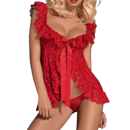 Plus Size Lace Lingerie Set with Sheer Nightgown