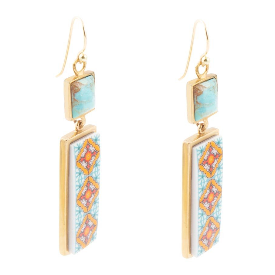 Talavera Tile and Blue Turquoise Golden Dangle Earrings