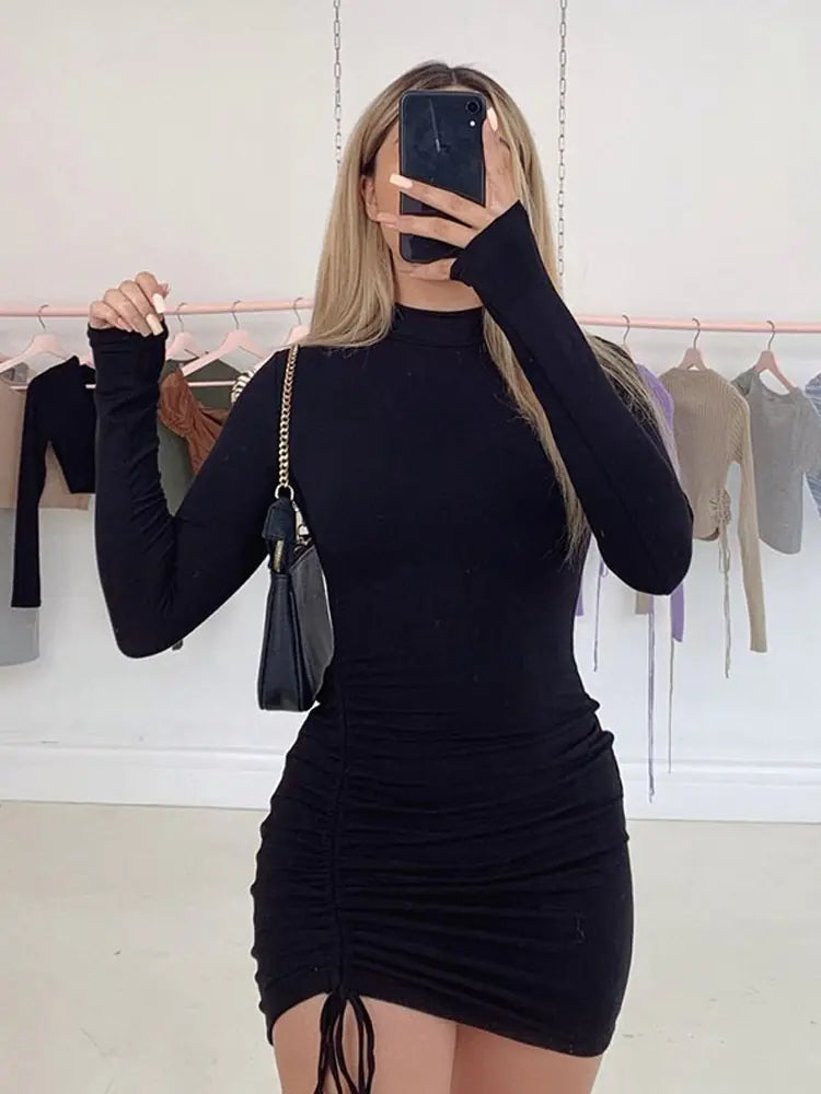 Black Turtleneck Ruched Bodycon Mini Dress for Women - 888