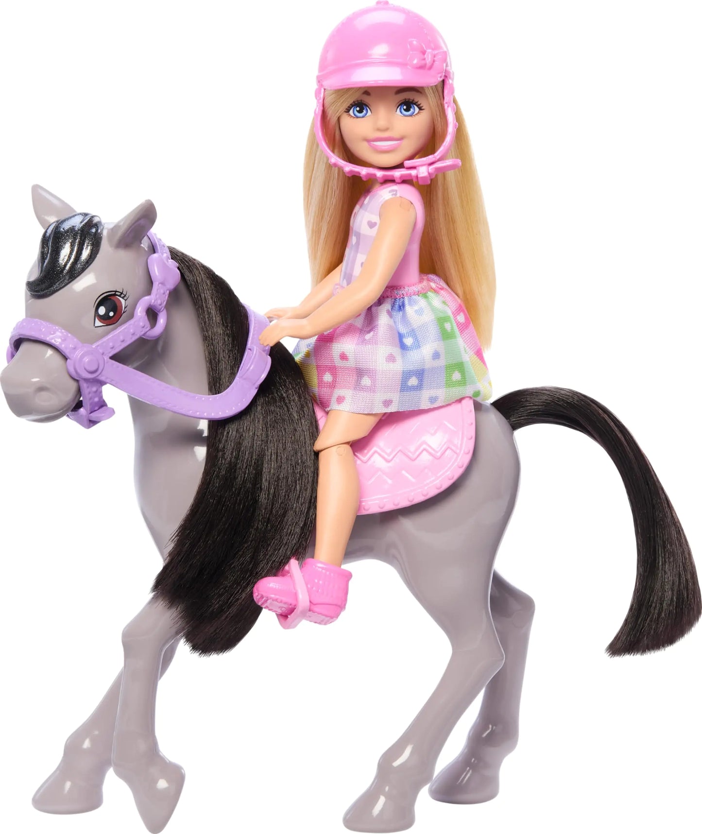 Barbie Chelsea Doll & Toy Horse Set Includes Helmet Accessory & Saddle Doll Bends at Knees to “Ride” Gray Pony - US seller