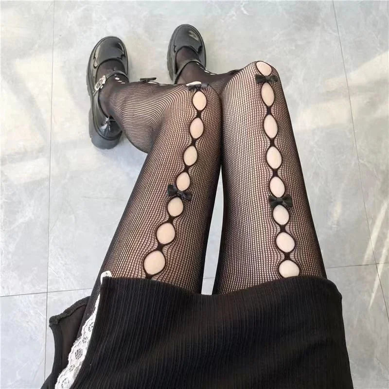 Women's Fashion Red Fishnet Stockings with Bow - Lingerie