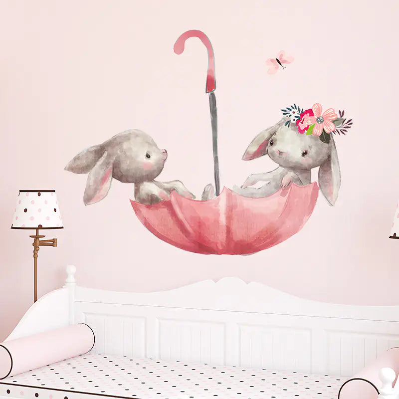Pink Umbrella Bunnies Wall Stickers for Kids' Room