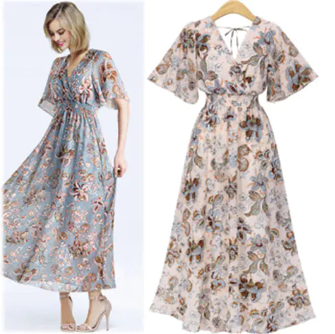Plus Size Summer V-Neck Chiffon Maxi Dress for Women - 888