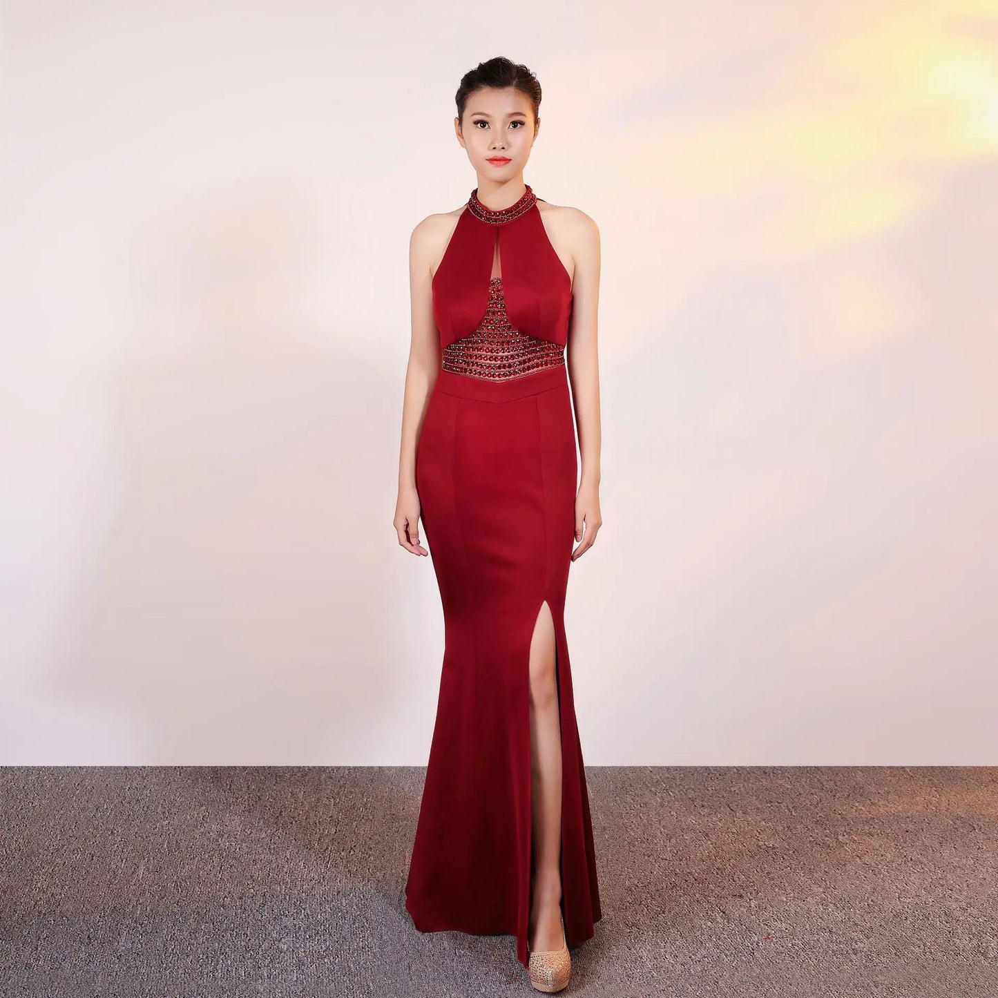 Beaded Long Neck Halter Deep V Evening Gown - 888