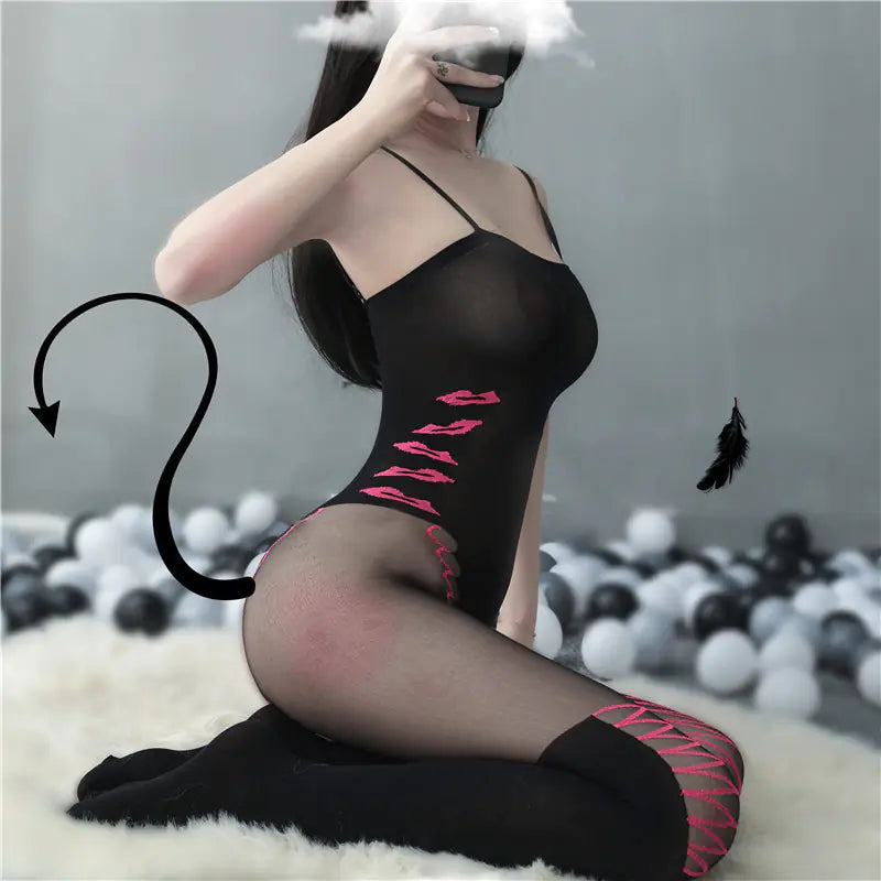 Sheer Red Lingerie Set with Open Crotch and Stockings
