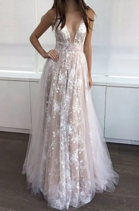 Lace Deep V Wedding Dress Long Gown - 888