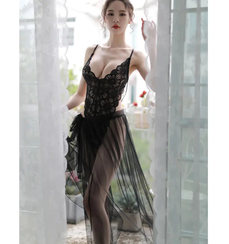 New Style Lace Transparent Nightgown with Cross Back - Lingerie