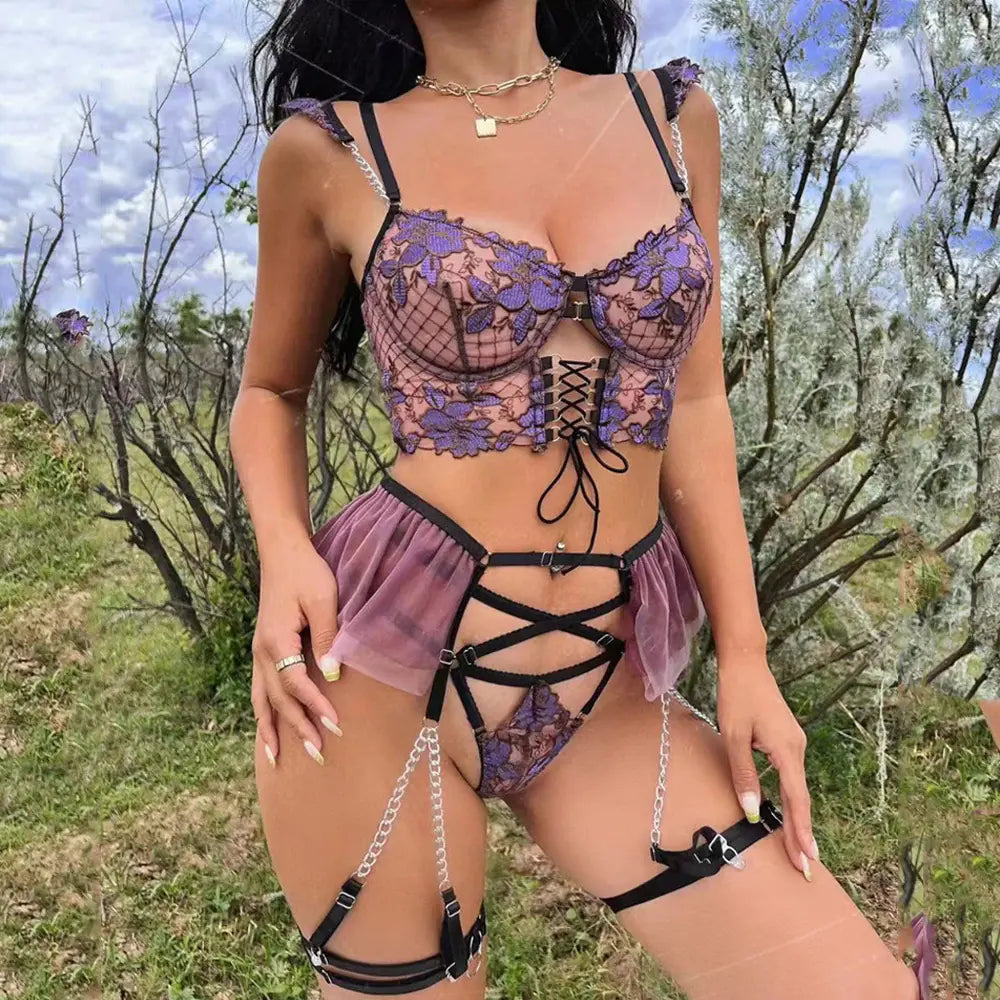 Floral Embroidery Lingerie Set with Chain Cami Top