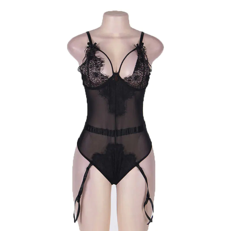 Plus Size Lace Lingerie with Garters and Open Cups