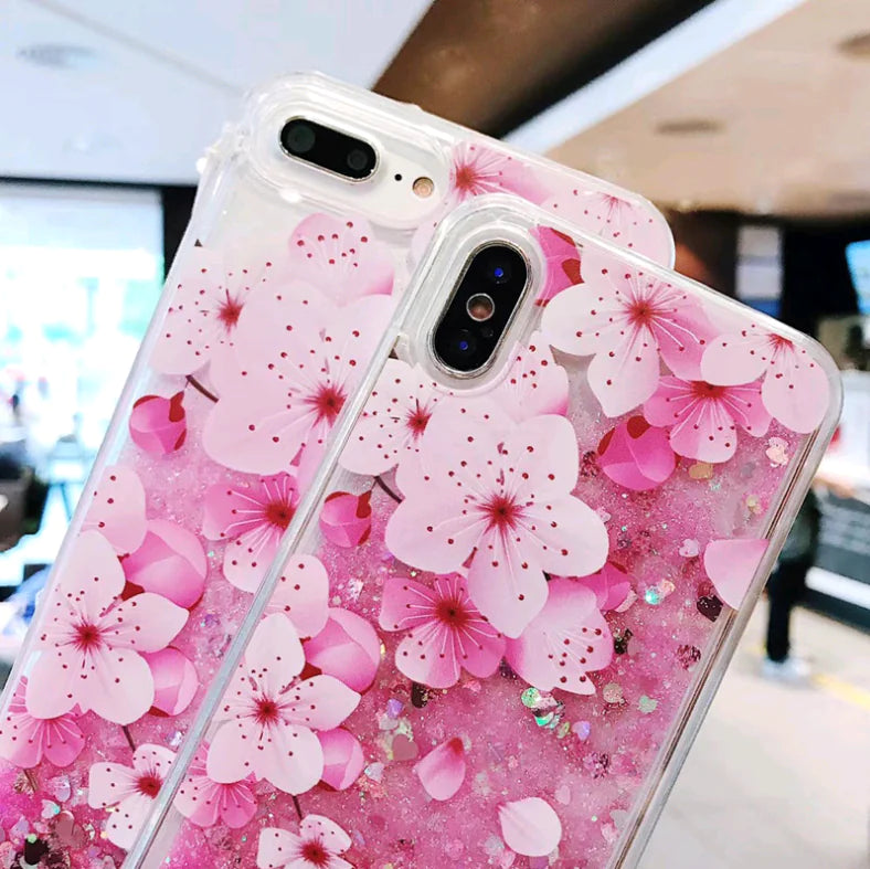 Trendy Summer Pink Peony Phone Case with Glitter Sand