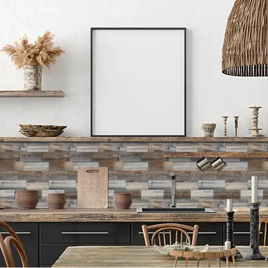 12 Pcs Wood Grain Splicing Wall Sticker Peel And Stick Backsplash PVC Wall Tile, Waterproof And Oil -Resistant Stickon Tile For Kitchen Backplash, Bathroom Self Adhesive Design Wall Decoration