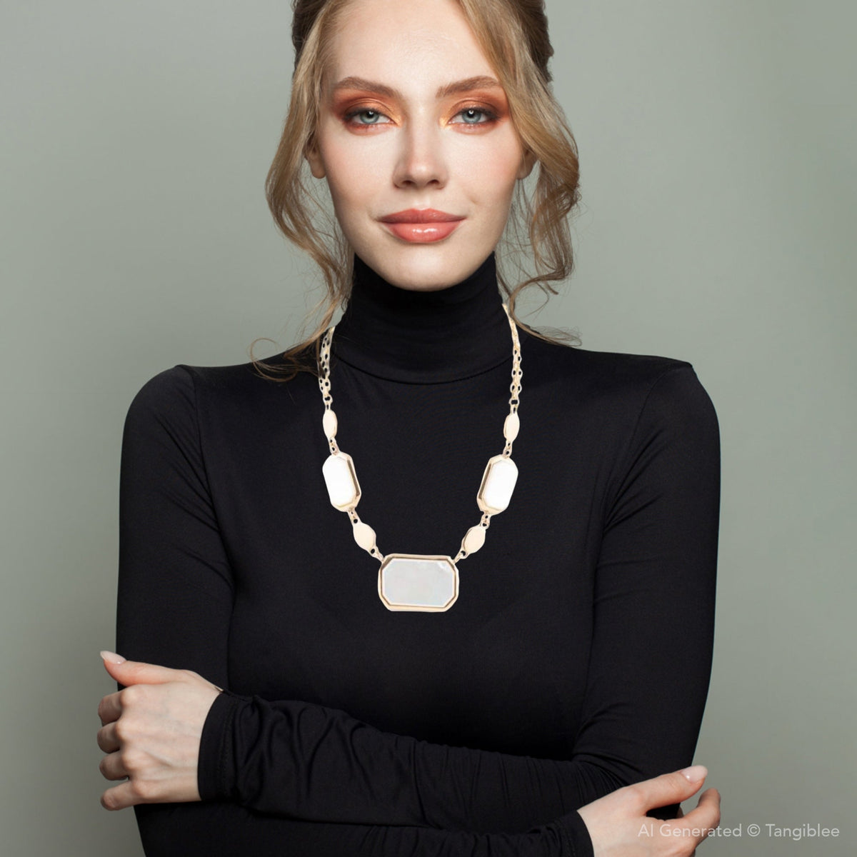 White Mother of Pearl and Golden Bronze Statement Necklace