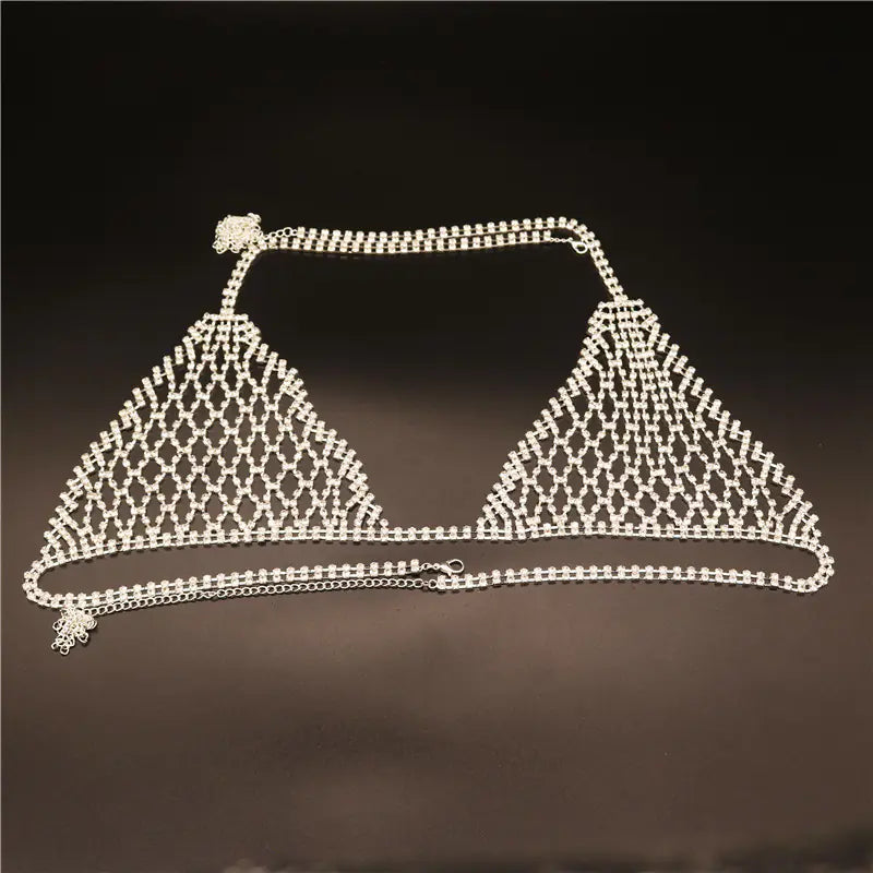 Exaggerated Rhinestone Body Chain Bikini Set - Lingerie