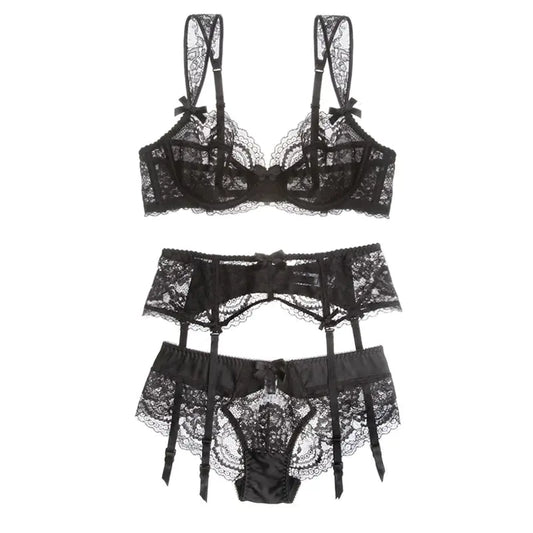 Lace Sheer Bra and Garter Belt Set for Women (3 Pieces) - Lingerie
