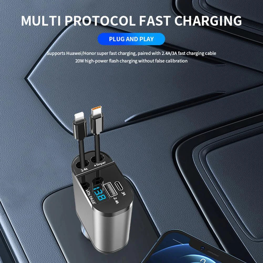 Retractable Car Charger 4 in 1 Fast Car Phone Charger 120W With USB Type C Cable