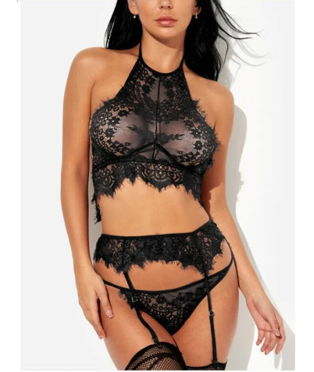 Lace Three-Piece Lingerie Set with Straps and Cutouts