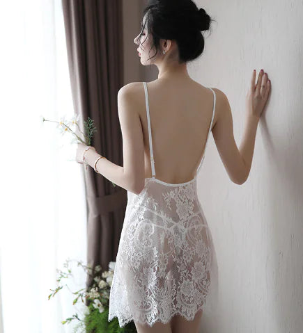 Sheer Lace Nightgown Set with Backless Camisole - Lingerie