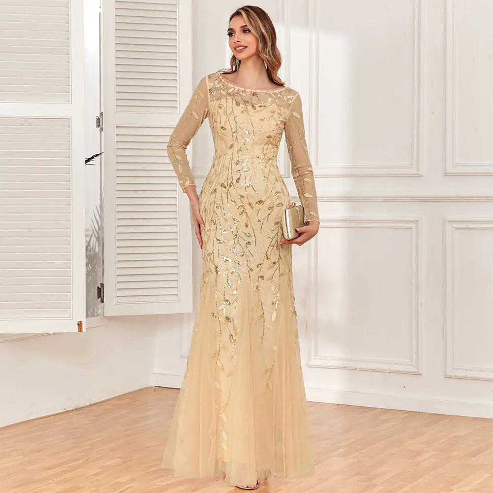 Long Sleeve Round Neck Fishtail Evening Dress - 888