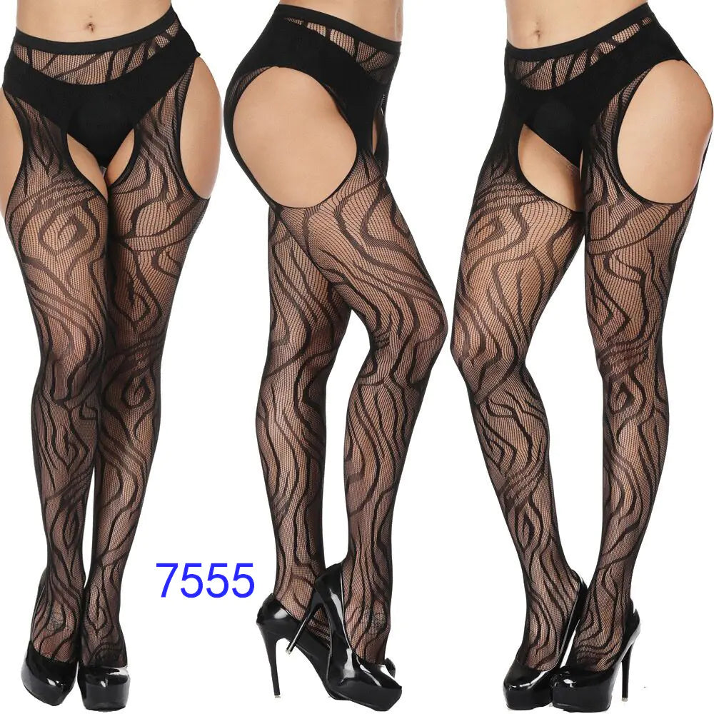 Factory Stock Women's Fishnet Stockings with Floral Design - Lingerie