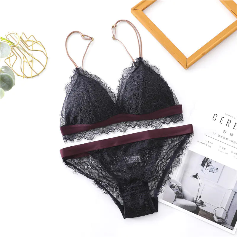 French Ultra-Thin Women's Lace Bra Set with Triangle Cups - Lingerie