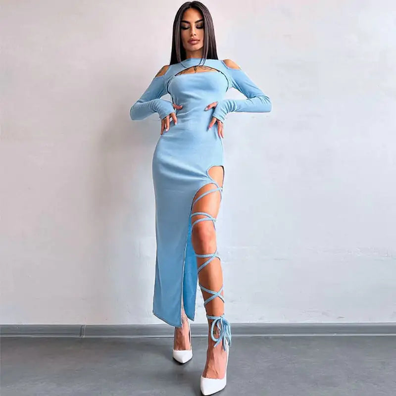 Women's Hollow-out Long Sleeve Split Dress Leggings - 888