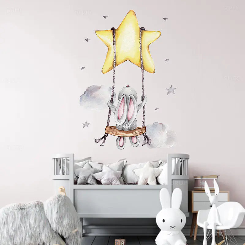 Cartoon Moon and Stars Rabbit Wall Stickers for Kids